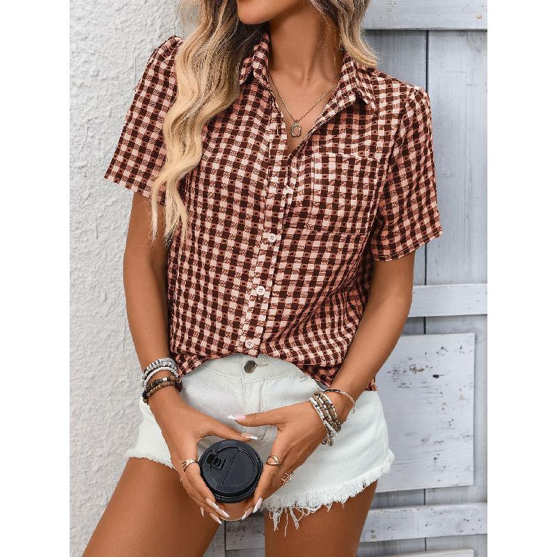 2026 Spring/Summer New Women's Loose Short-Sleeve Pocket Casual Plaid Shirt