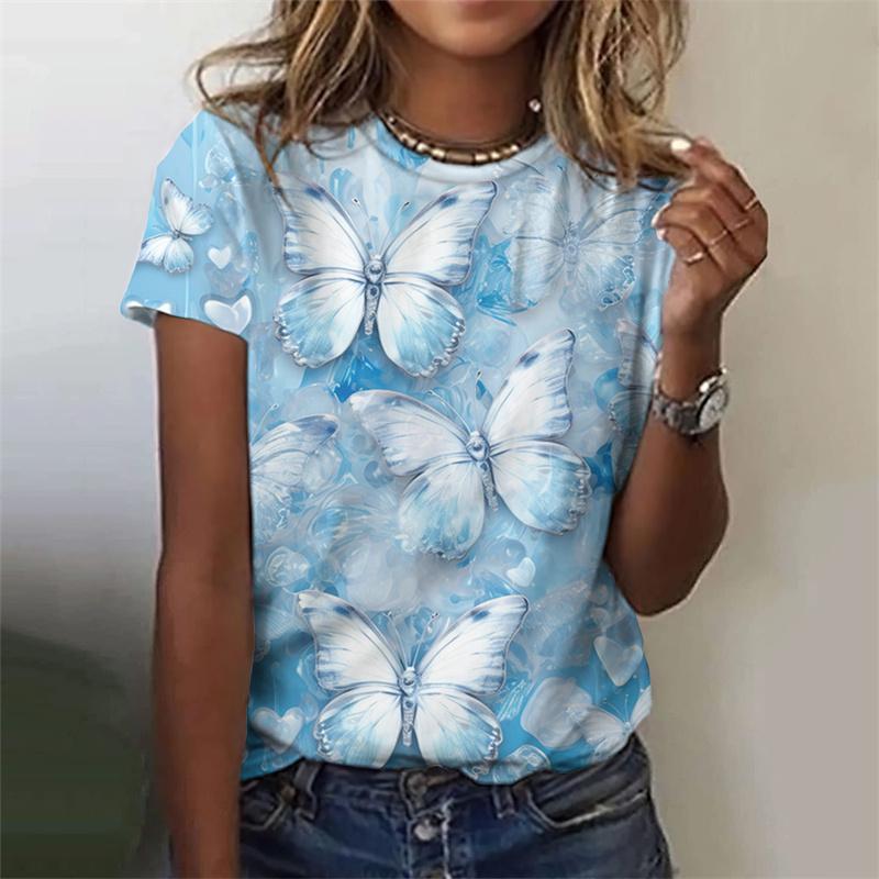 Harajuku New 3D Flower Butterflies Printing T Shirt Floral Graphic T-shirts Women Fashion Short Sleeves Girl Tee Shirts Clothing