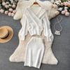 Autumn And Winter Retro Cross Sex V-Neck Bubble Sleeve Loose Sweater + High Waist Hip Knitted Half-Body Skirt Two-Piece Set