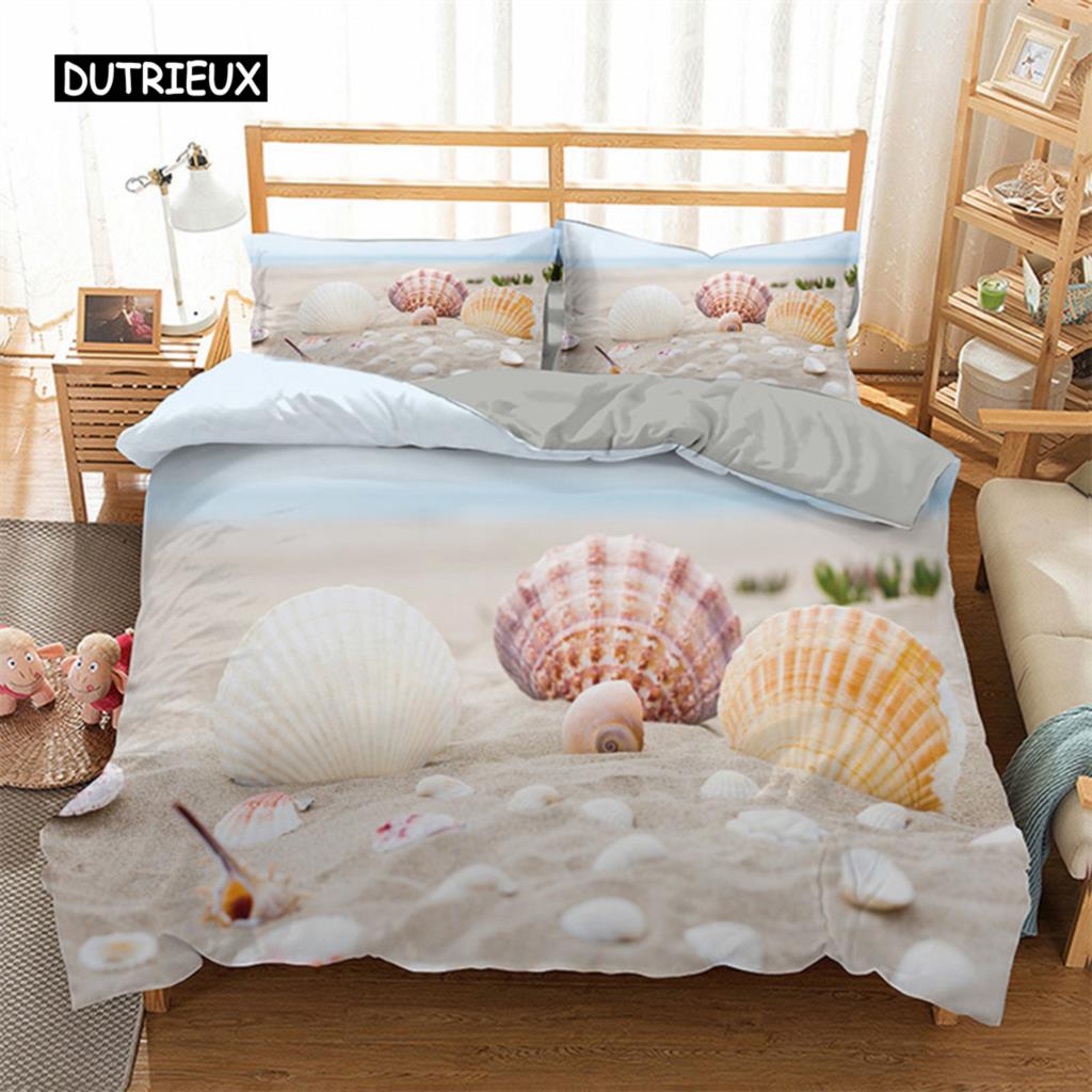 Starfish Duvet Cover Set Summer Beach Seashell Starfish Twin Bedding Set Polyester Hawaiian Tropical Nature Sea King Quilt Cover