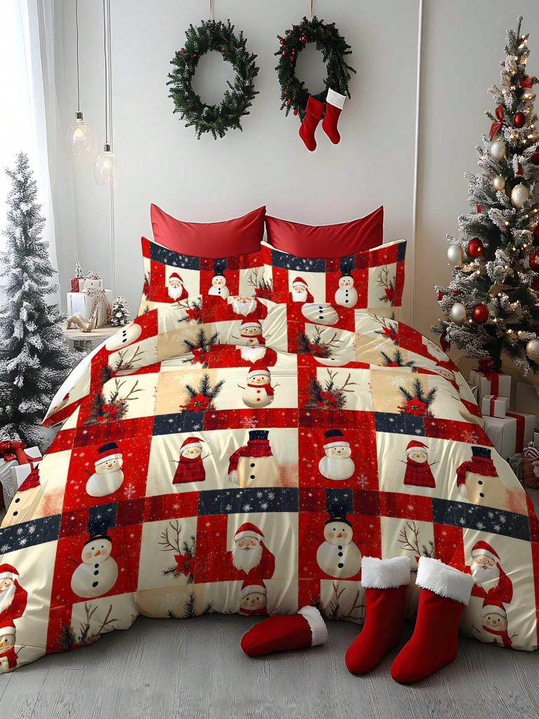 2/3pcs Christmas Tree, Gift, Snowflake, Deer, Santa Claus Pattern Digital Printing Brushed Duvet Cover Set, Soft & Comfortable