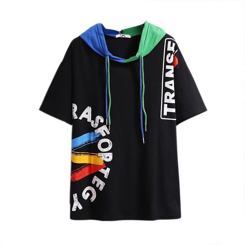 Plus Size Women's T-shirt Summer Loose Printing Hooded Short-sleeved Tops