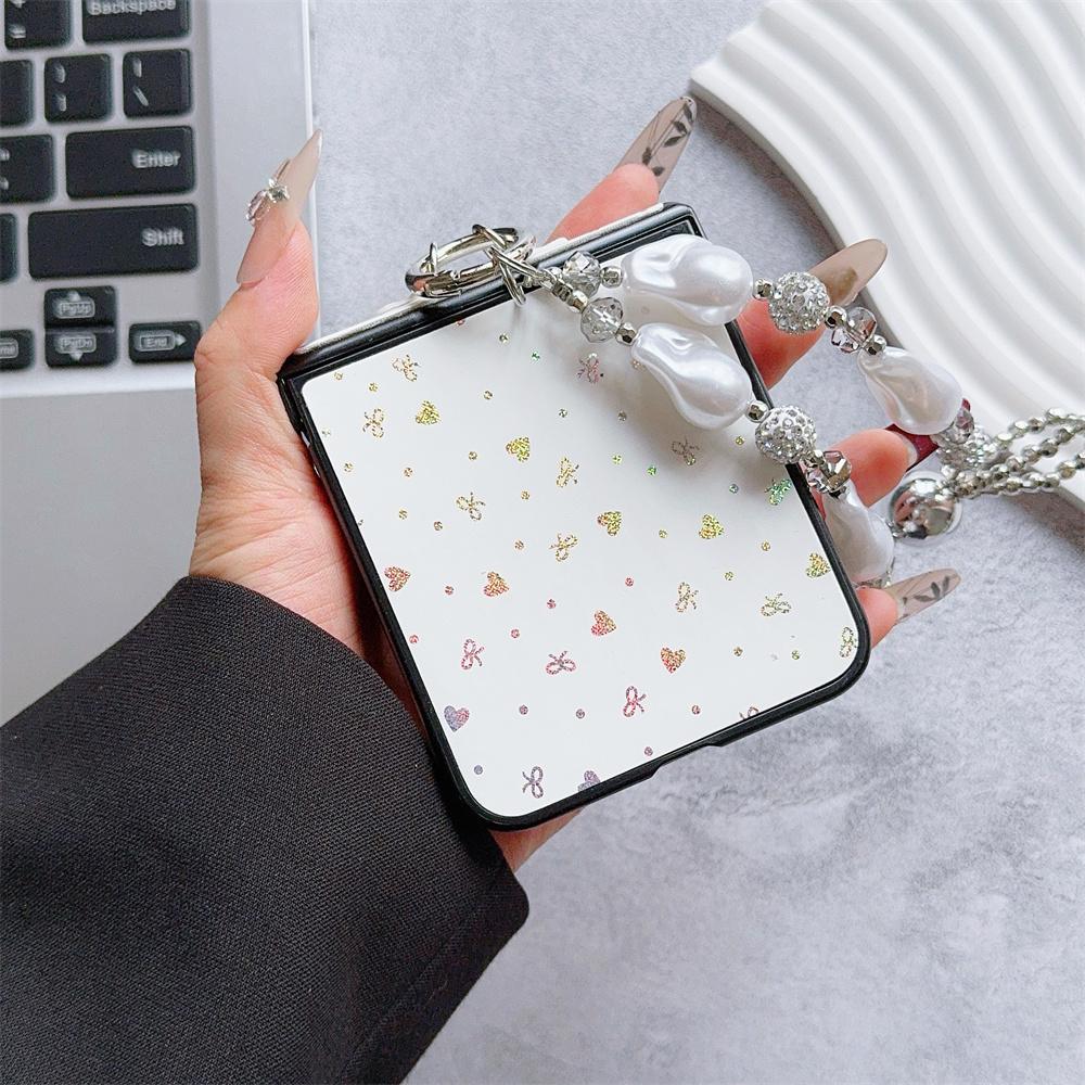 Cute Love Bowknot Phone Case with Wrist Strap For Samsung Galaxy Z Flip 6 5 4 3 Hard Plastic Hinge Protective PU Leather Cover