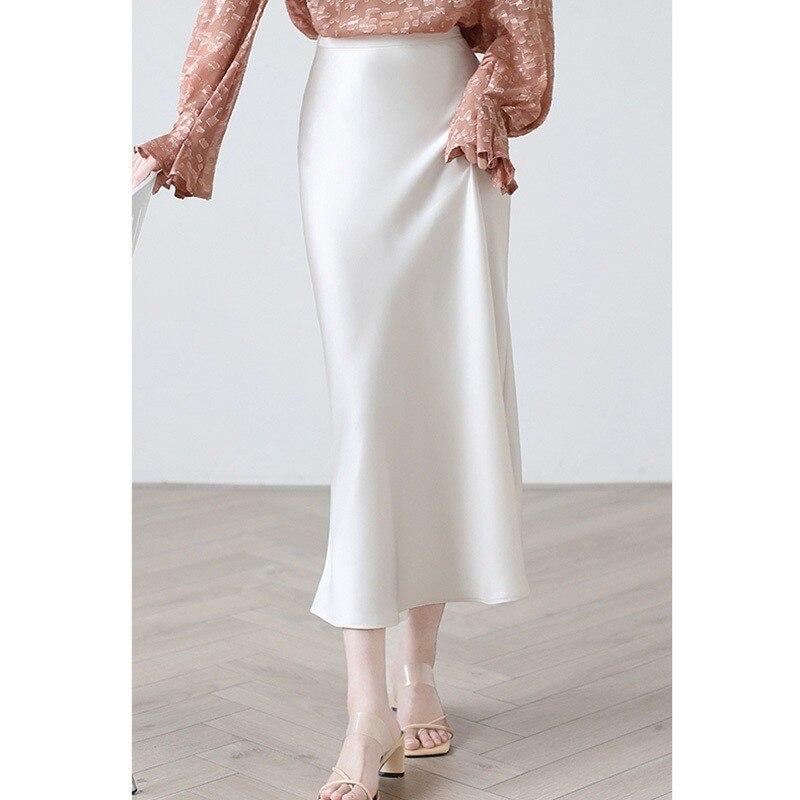 Qooth Women Solid Color Acetate Satin Bodycon Skirt Calf Length Elegant High Waist Shiny Skirt For Spring Summer QT2062