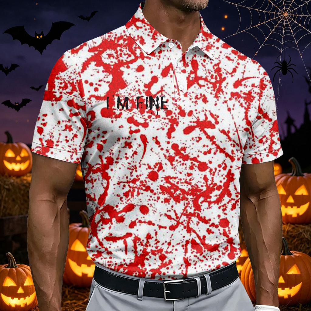 Men's Short Sleeve Casual Polo Shirt Halloween Print Breathable Lightweight Summer Shirt with Button Collar and Relaxed Fit