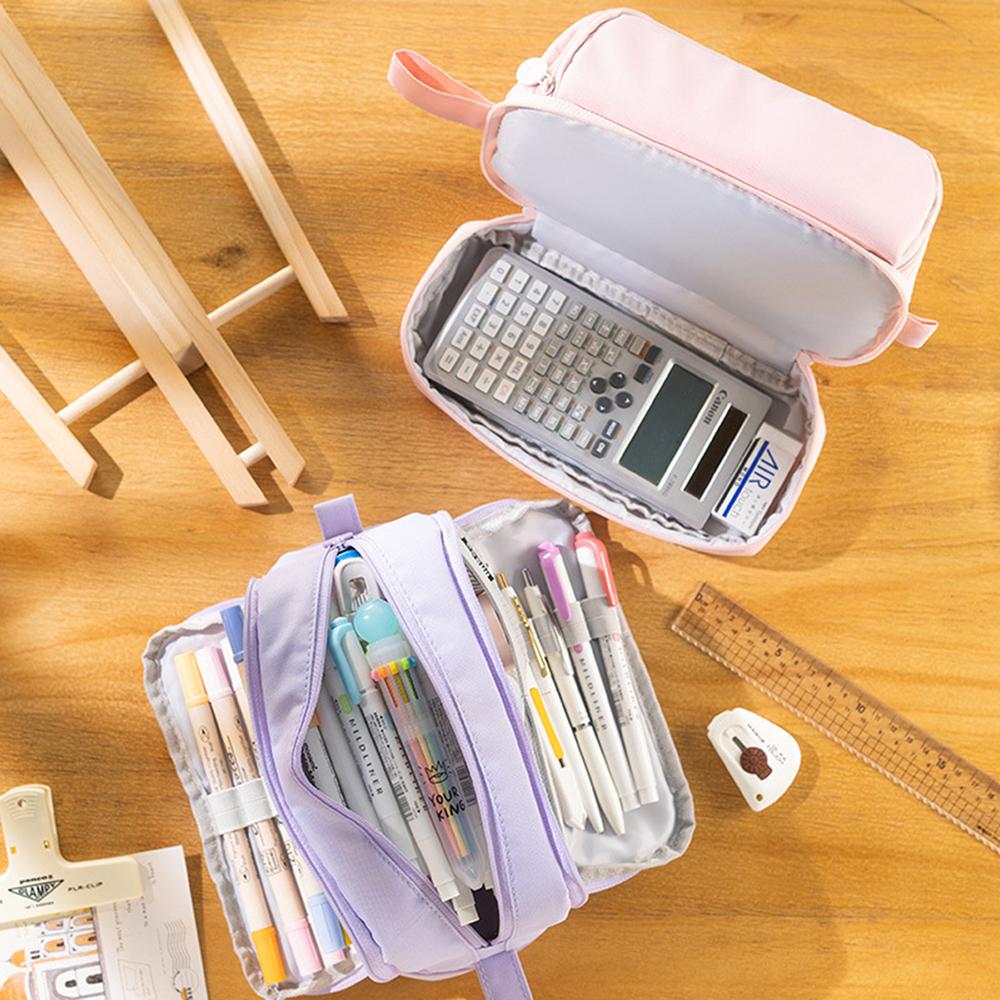 Large Capacity Pencil Case Simple Solid Color Stationery Box Double Layer Multifunctional Pen Pouch Students School Supplies