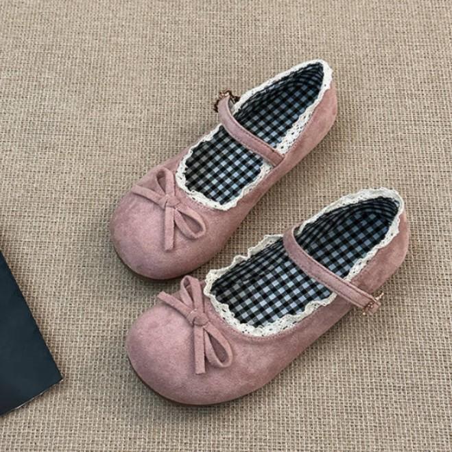 Fashion retro gentle bow Mary Jane single shoes women's 2025 summer new one-word buckle lace ballet shoes