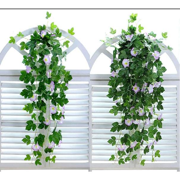 Artificial Vines 2pcs Artificial Morning Glory Trumpet Flower Vine Fake Green Plant Home Garden Wall Fence Outdoor Wedding Hanging Baskets Decor