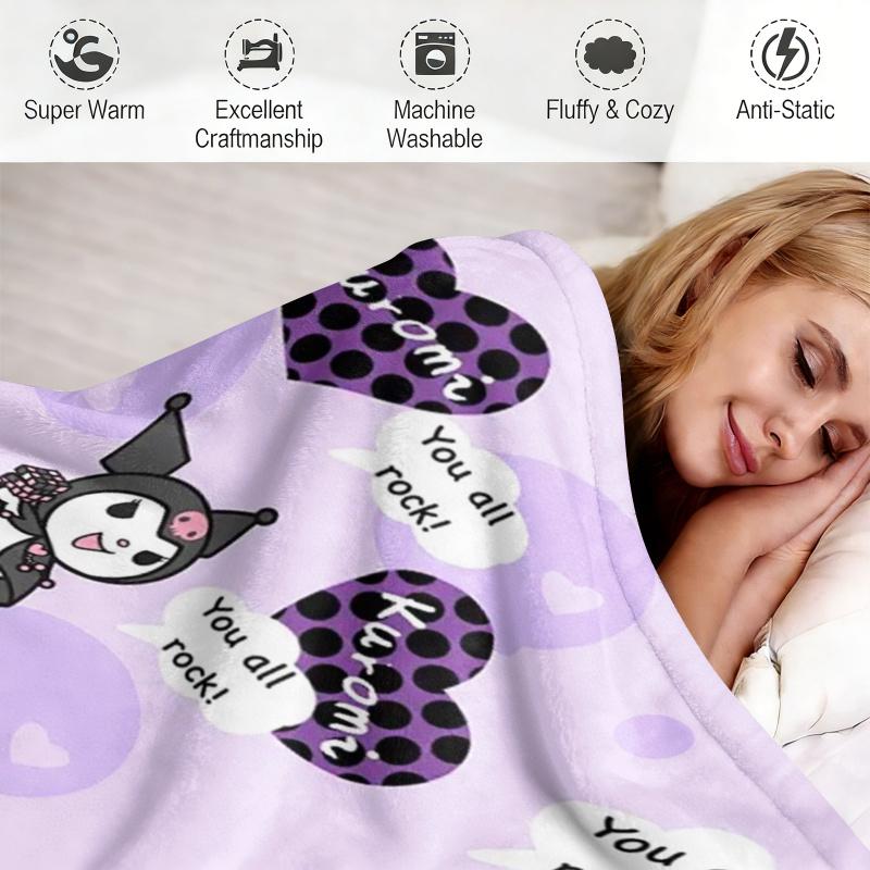 Pastel Purple Kuromi Flannel Throw Blanket Soft Warm Fluffy Blanket Cute Sofa Bed Cover Office Nap Shawl Lightweight Quilt
