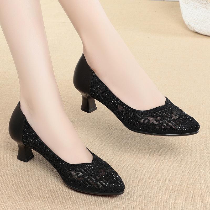 Women Cute Square Heel Shoes For Party Night Club Lady Black Mesh Breathable Spring Summer Office Pumps Temperament Casual