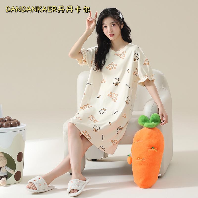 7A Women's Antibacterial Cotton Nightgown, Short Sleeve, Plus Size, Medium Length, Versatile for Outdoor Wear, Sweet Summer Home Dress