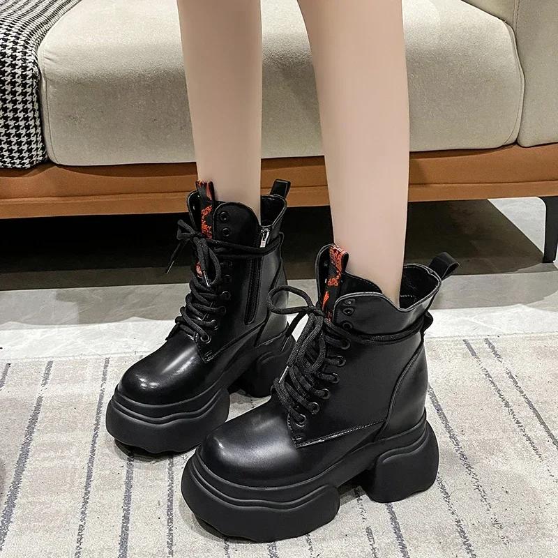 Fashion 11CM Ankle Boots Women Platform Sneakers High Heels Leather Chunky Boots New Autumn Winter Lace Up Motorcycle Boots Botas Mujer