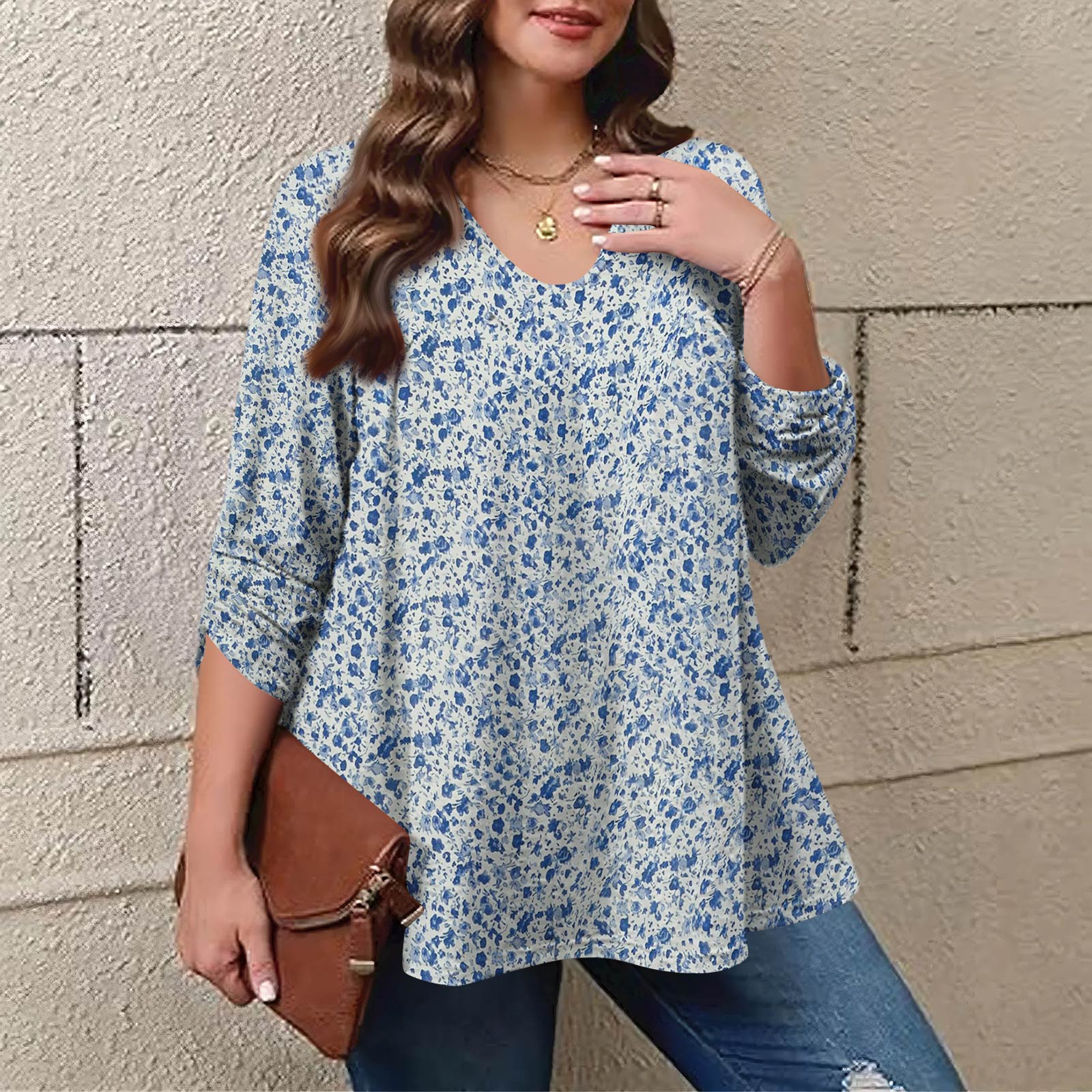 

Женский модный топ большого размера с принтом, повседневный плиссированный, с круглым вырезом и длинными рукавами XL