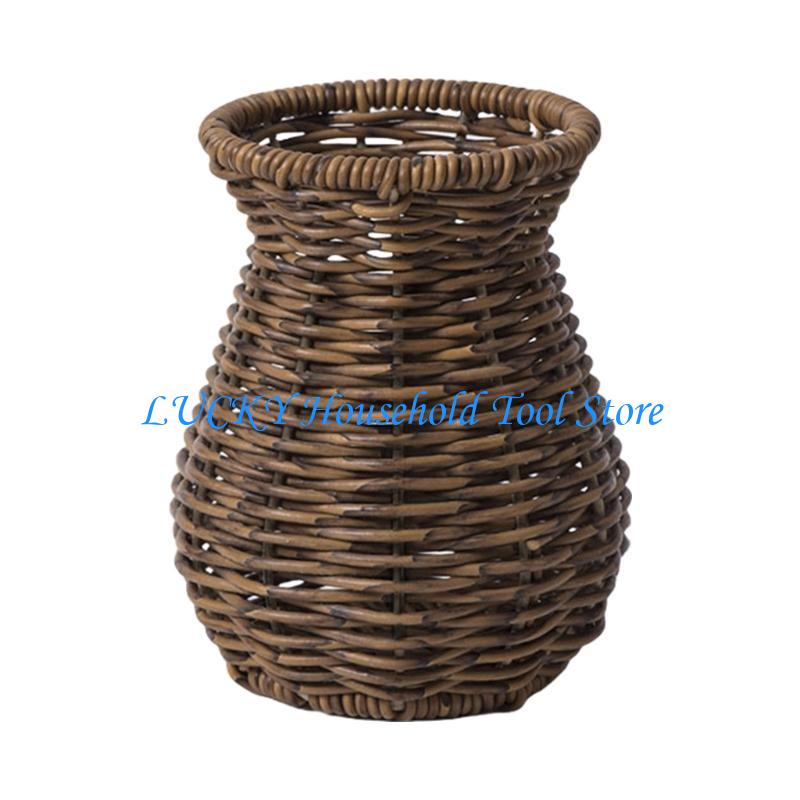 J0MC Table Vase Rattan Vase for Living Room, Faux Rattan Weave Pattern Flower Arrangement for Dry Florals Home Accent