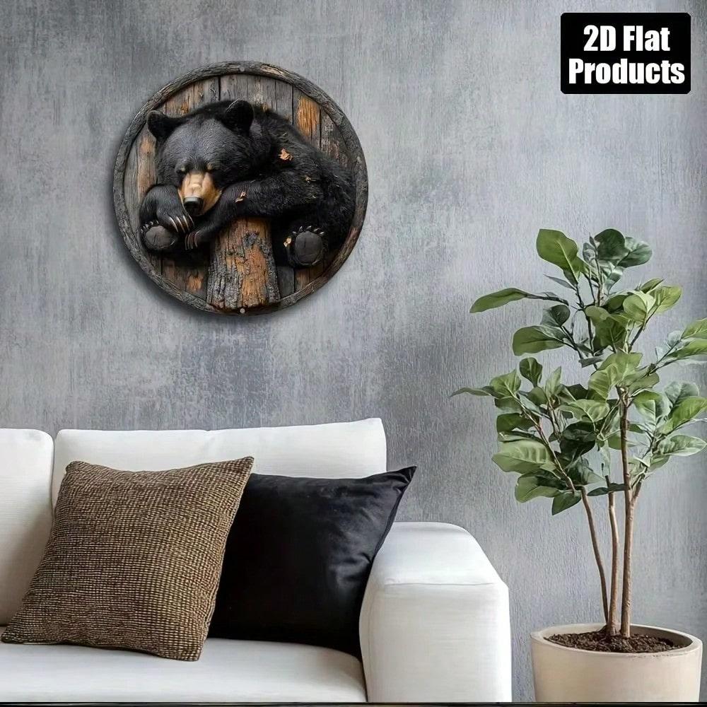 Round Black Bear Metal Wall Art Sign Durable Aluminum Decorative Plaque