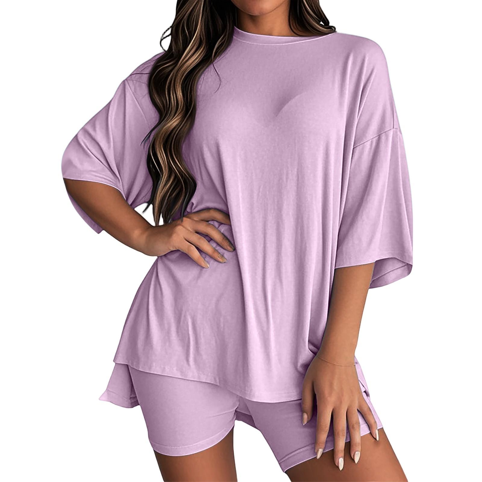 

Women s Casual Mid Sleeve Low Round Neck Loose Wide Leg Long Pants Set XL