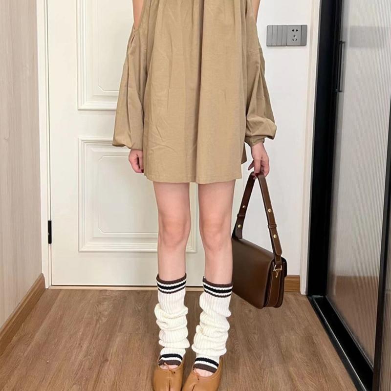 Student Vintage Double Striped Ribbed Knit Leg Warmers Slouch Leg Covers Boot Cuffs Stretchy Long Boot Socks for Women