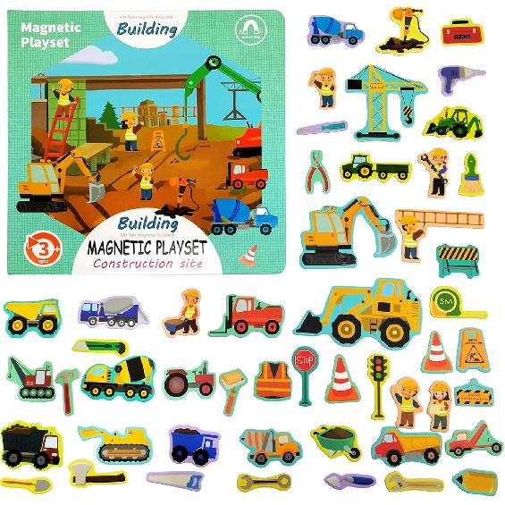 Construction Site Fridge Magnets for Toddlers, 50 PCS Refrigerator Magnets for Kids, Create a Scene Magnetic Play Sticker Book Travel Game