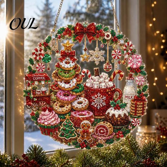 Acrylic Hanging Gift Christmas Faux Diamond Art Suncatcher, 2D Flat Window Ornament, Festive Pendant Beaded Pattern Holiday Decoration for Home, Tree