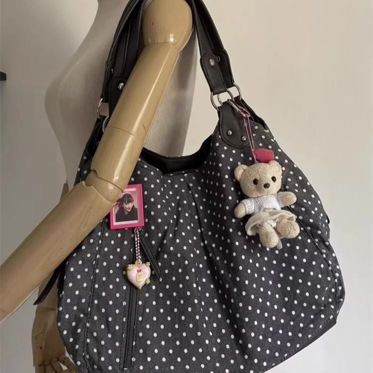 Korean Version of Retro Polka Dot College Style Tote Bag Women's 2025 New Fashionable Versatile Large-capacity Shoulder Bag