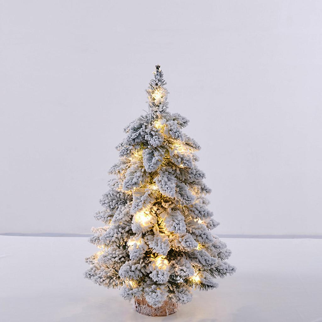 45cm Mini Christmas Tree with Snowflakes Flocked Tabletop Decor Lighted Xmas Tree with Wooden Base for Home Office Party Holiday