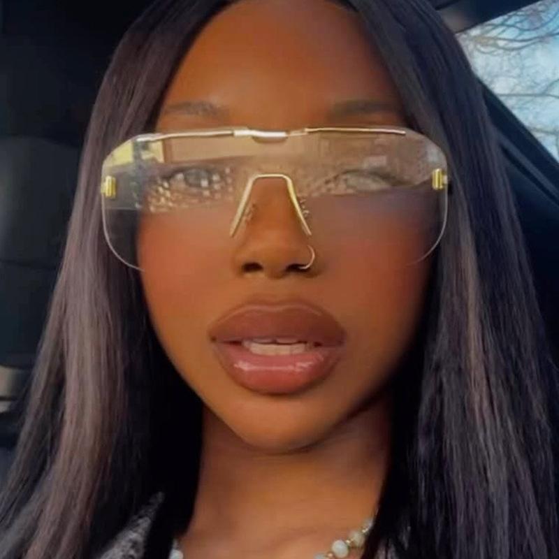 Square Large Frame One-Piece Sunglasses Rimless Sunglasses Trendy Metal Sunglasses Premium Lady