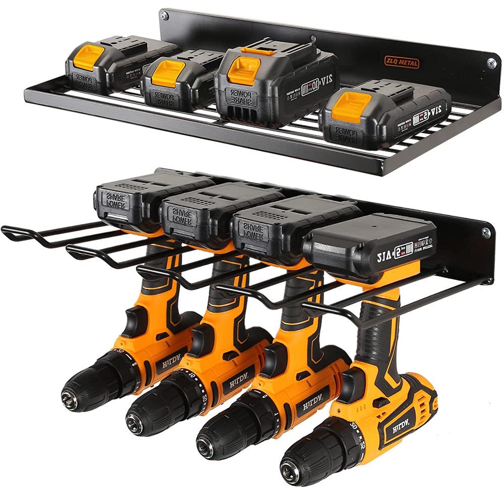 Wrought Iron Wall-Mounted Drill & Screwdriver Rack with Charging Shelf