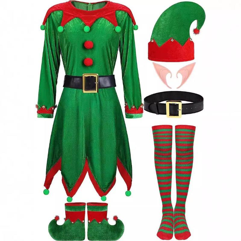 Women's Christmas Elf Costume Set Adult Velvet Dress Costume Santa Helper Christmas Holiday