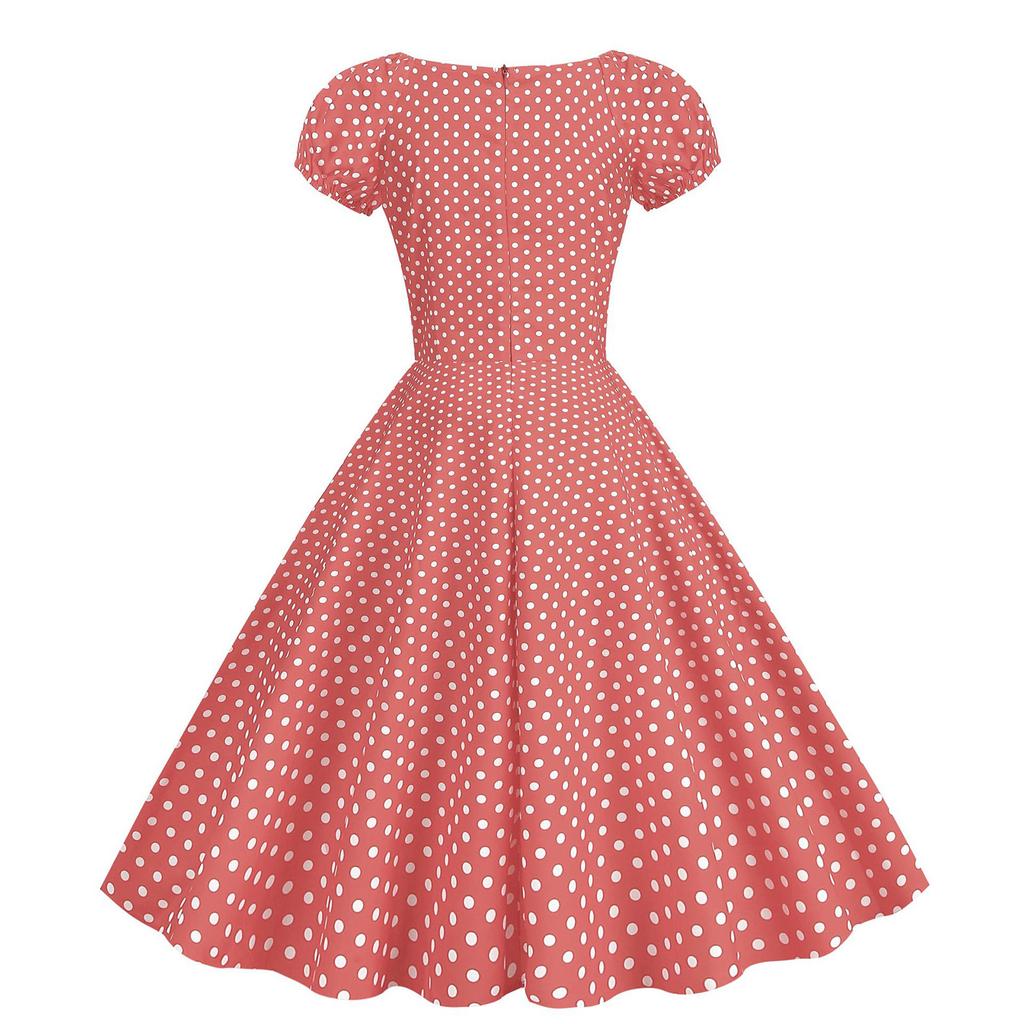 Women's - Retro Skirt With Bubble Short Sleeved Polka Dot Printed Large Skirt Hem Dress