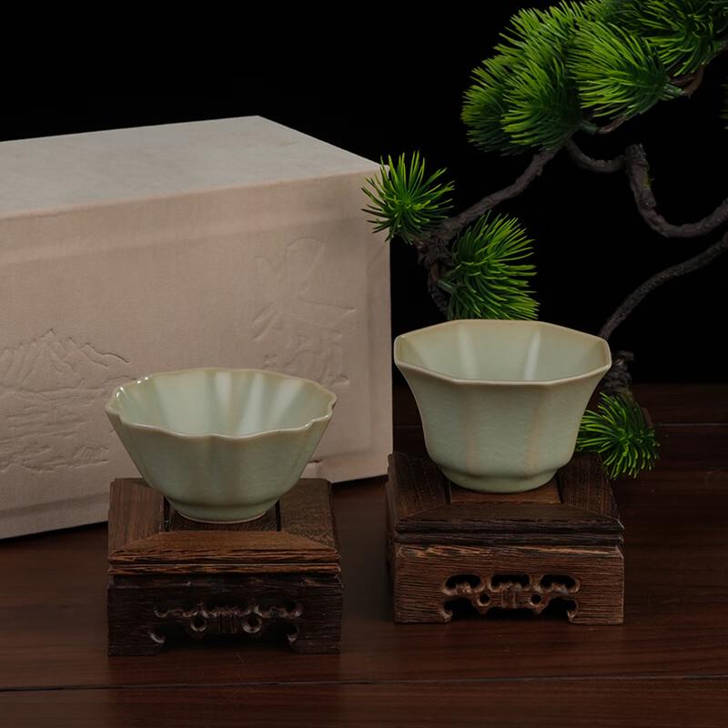 

Guozhen Ru Porcelain Pink Green Peony Octagonal Teacup Pair