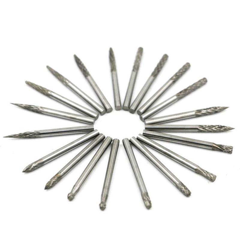 20 Pcs/Set Rotary Burr Set 3mm 1/8'' Shank Tungsten Steel Grinder Bits Engraving Bits Power Tool Accessories for Carving