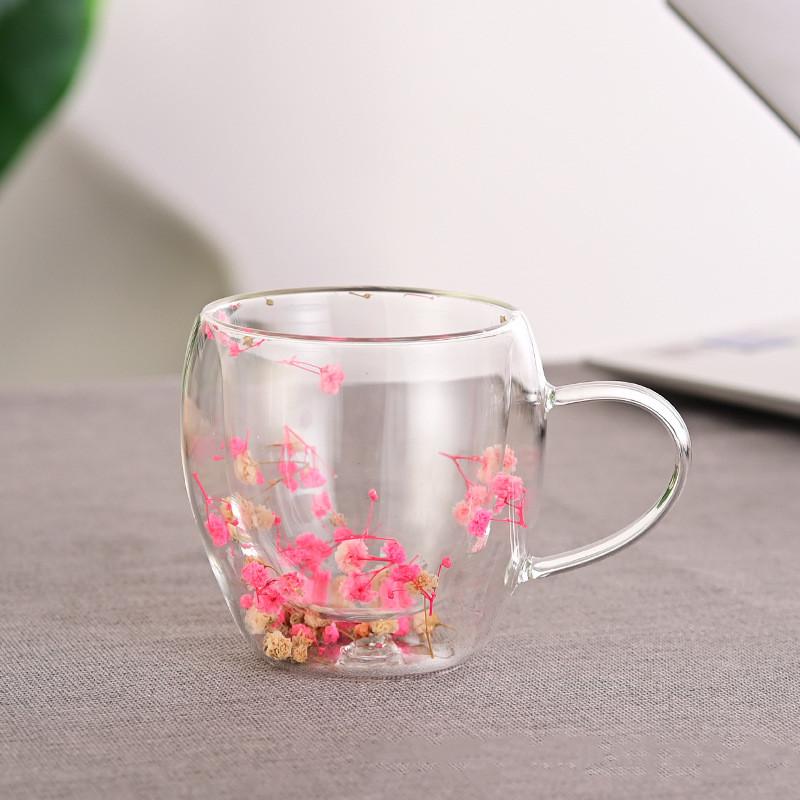 250ml Double Wall Coffee Mug Flower Filler Glass Cups Tea Coffee Cup With Handles Heat Resistant Mug Gift