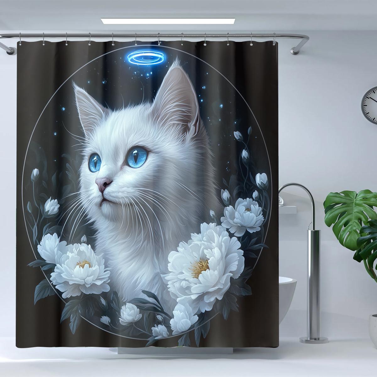 

1 Mystical Blue Eyes White Cat Shower Curtain - Polyester With Hook, Machine Washable, Charming Floral And Starry Design W60H190(CM)-1 Pcs
