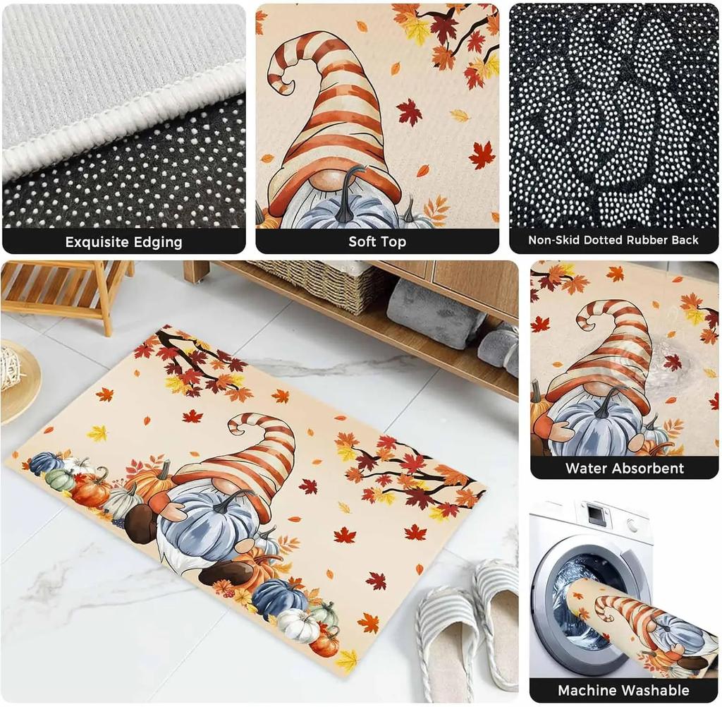 Autumn Thanksgiving Doormat, Harvest Festival Pumpkin Maple Leaf Entrance Rug, Durable Easy-Care Bathroom Mat, Home Decor