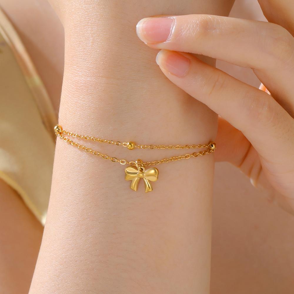 Cazador Cute Bowknot Charm Hand Bracelets for Women Stainless Steel Jewelry Double Beads Chains Bracelet Gift Trendy Wholesale