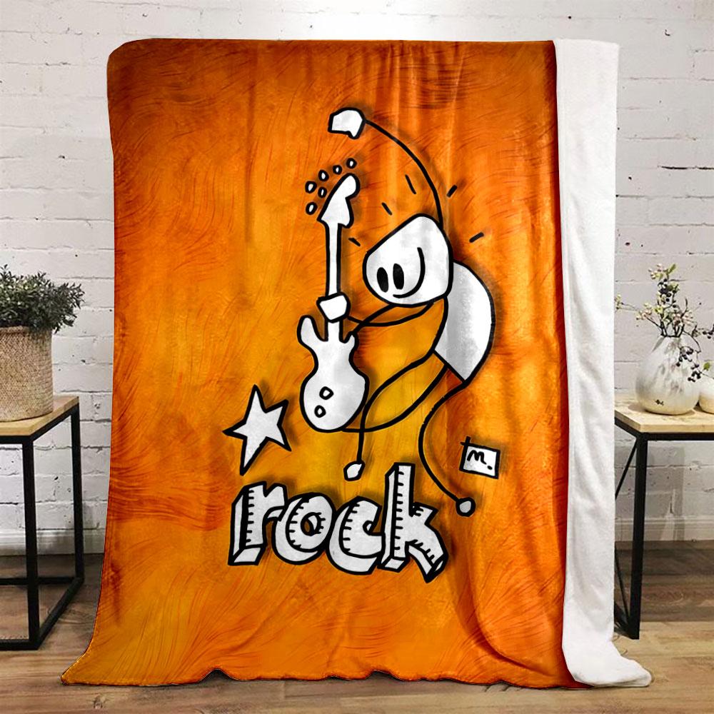 A stick figure plays guitar with "rock" text and star on an orange background. for all seasons blanket lunch break throw gift