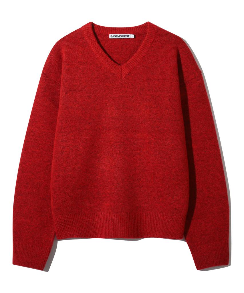 BASEMOMENT Cashmere-Like V-Neck Crop Knit Heathered Red