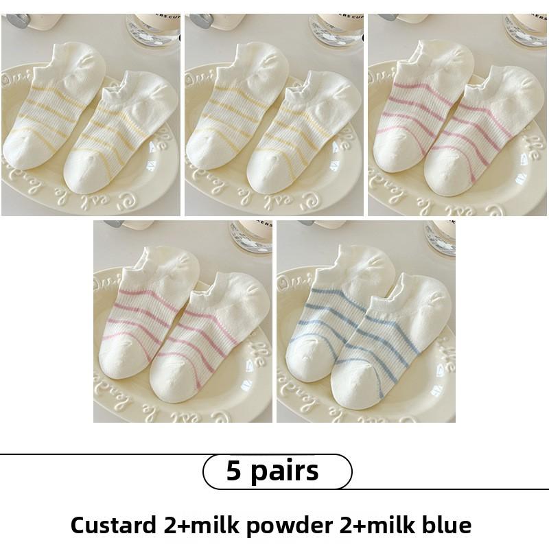 5 Pairs of Women's Spring and Summer Ultra Thin Cotton Striped Non Drop Heel Boneless Boat Socks