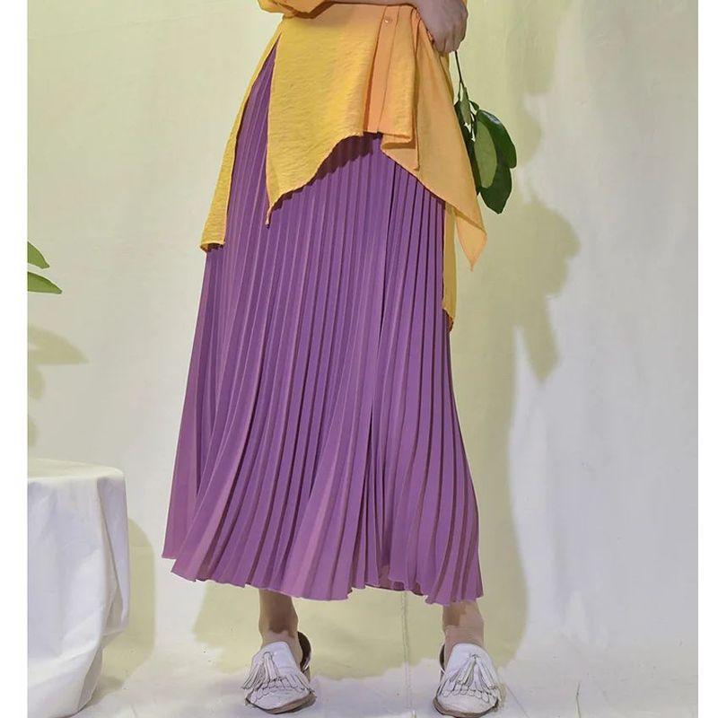 Pleated Skirt with Elastic Waistband Pleated High Waist Half-Length Female Elastic Waist Skirt