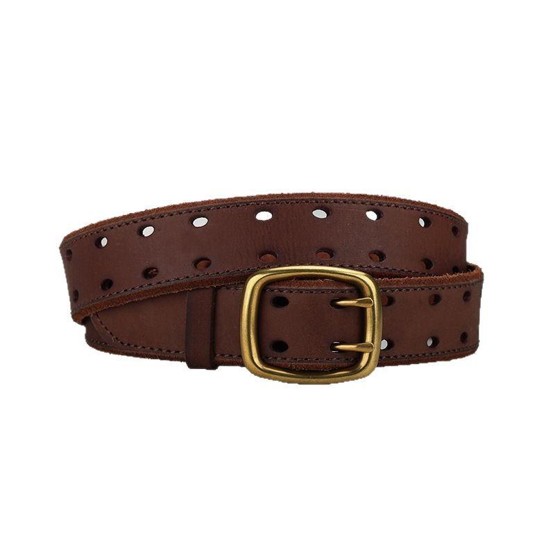 First Layer Cowhide Men'S Belt Double Row Hole Hollow Belt Casual Temperament Retro Leather Belt Factory