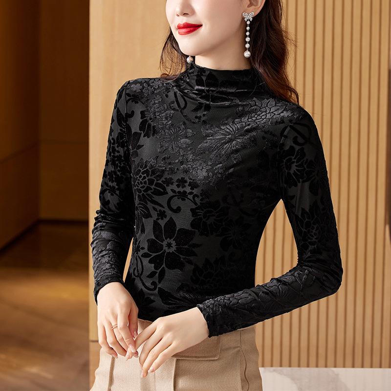 Updated Autumn Half-high Neck Bottoming Blouse for Women with Long-sleeved T-shirt Top Plus Velvet Thickened Stylishable Blouse