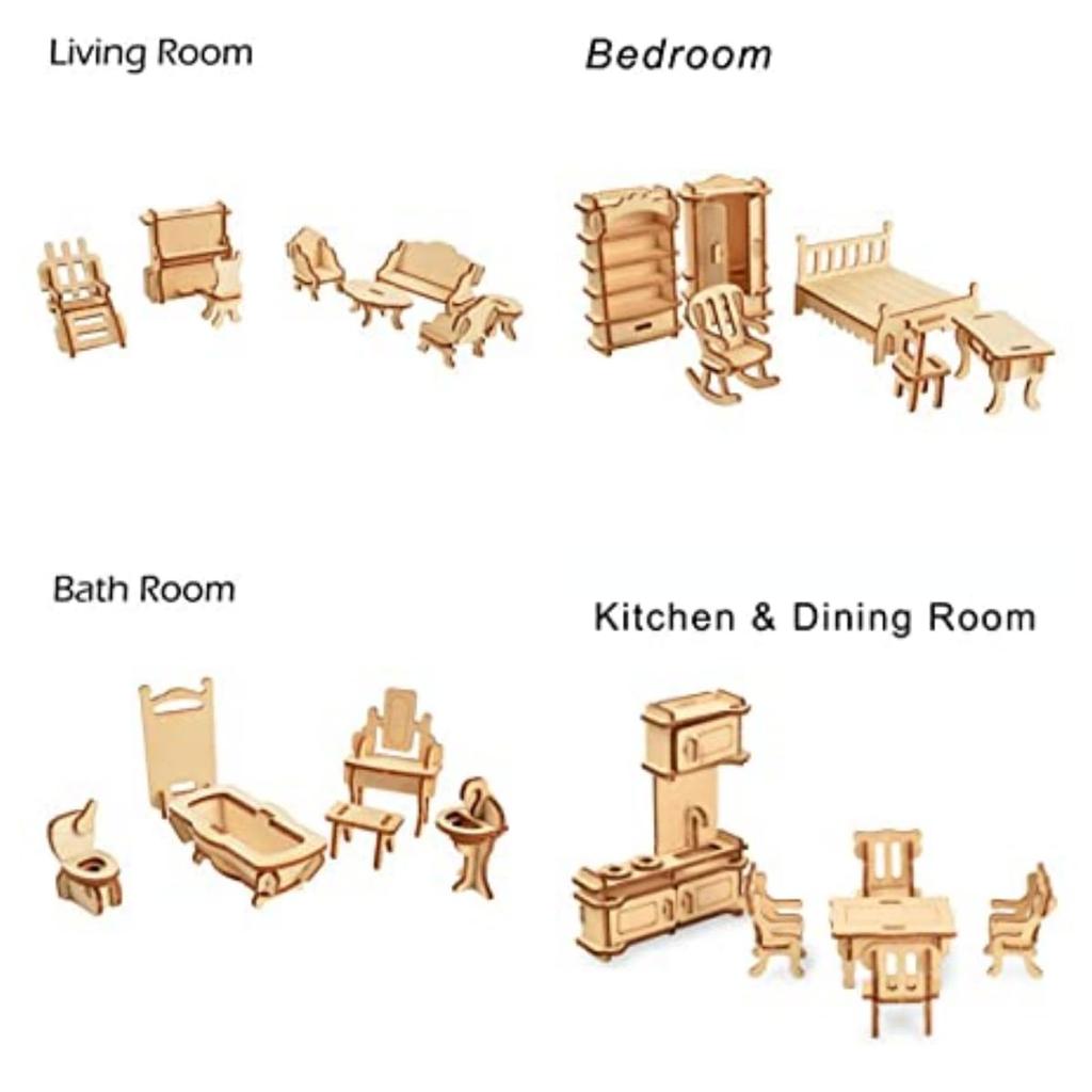CUTEROOM Dollhouse Miniature Furniture 34-Piece Laser-Cut Wooden 3D Puzzle for Kids Educational Toy