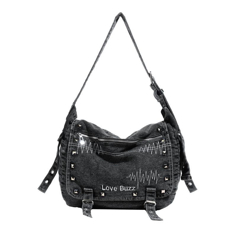 Denim Shoulder Bag With Studs And Love Buzz Print For Women