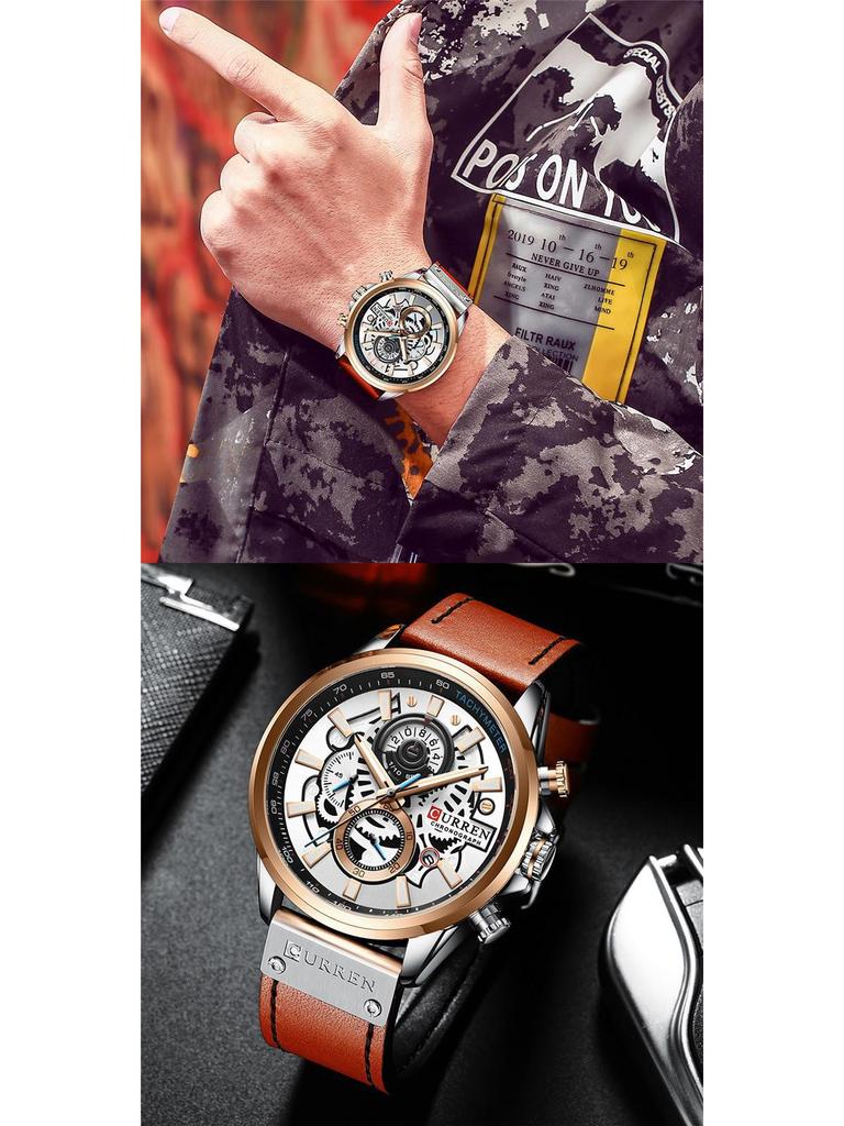 Curren 8380 Men's Waterproof Multifunction Sports Quartz Watch with Leather Strap and Calendar.