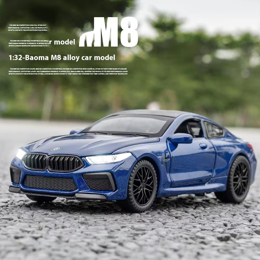 Model samochodu ze stopu BMW M8 w skali 1/32, Dźwięk i światło, Akcja sprężynowa, Zabawka do pokoju zabaw dla dzieci i przedmiot kolekcjonerski