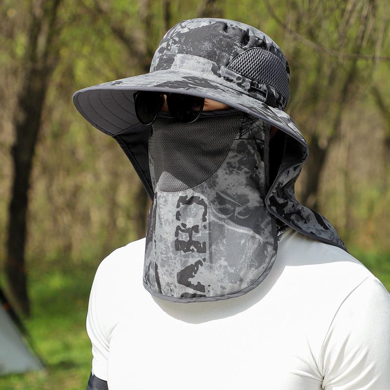 Summer Men Sun Hat with Shawl Veil 9 Cm Brim Military Camouflage Side Breathable Mesh Bucket Cap Outdoor Use Sunscreen Fishing Cap