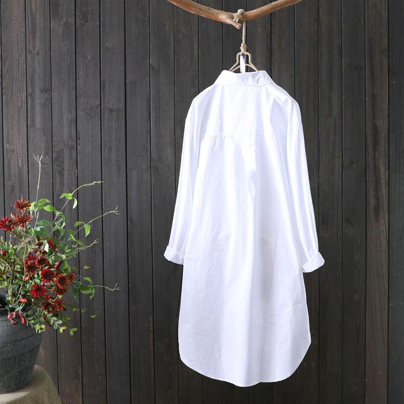 Plus Size Mid-length White Embroidered Shirt Women's Long-sleeved Spring Autumn Round Neck Cotton Button Patchwork Cardigan Top