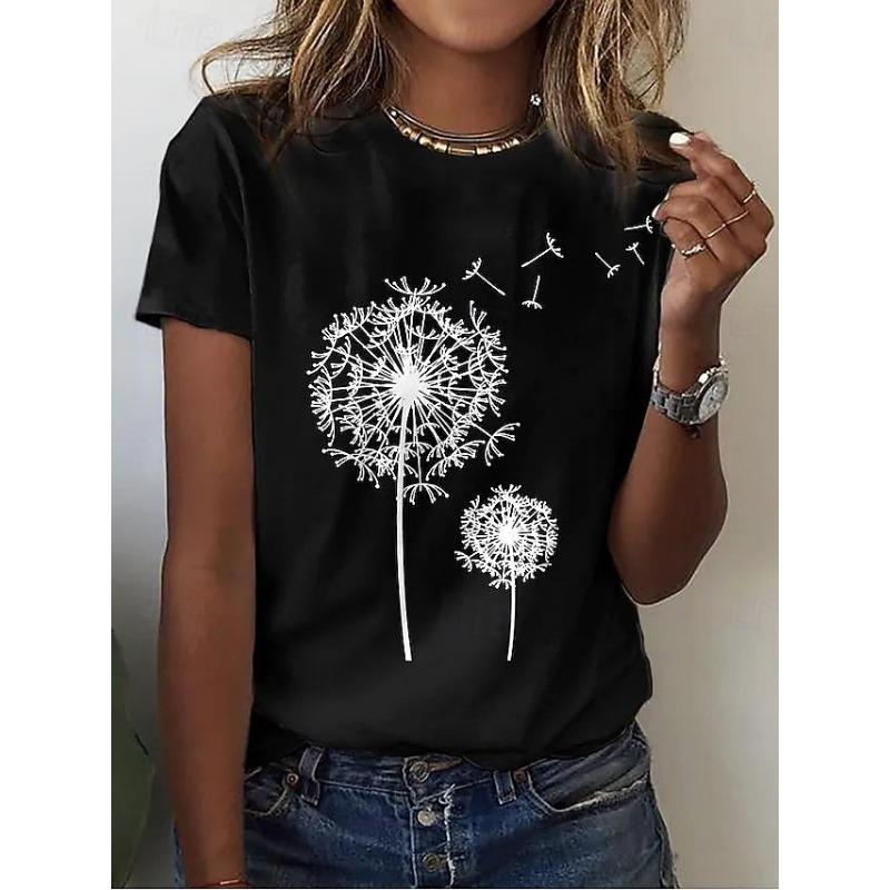 Women's Casual T-Shirt Dandelion Print Crew Neck White Short Sleeve Summer Wear Comfort Fit Daily Essential