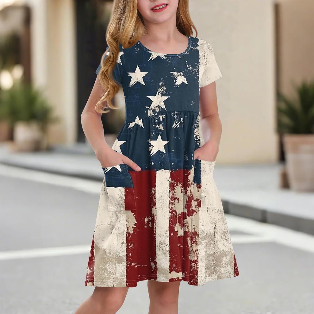 Kinder Rundhals Kurzarm Prinzessinnenkleid Modisch Und Lässig Tasche Mädchen Unabhängigkeitstag Kleid