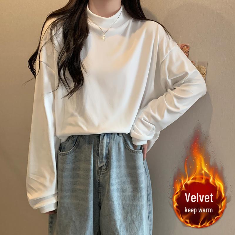 

Women s Autumn/Winter Slim-Fit Semi-High Neck Long-Sleeve T-Shirt: Casual, Loose, Versatile, and Trendy Base Layer. L колір світло кави